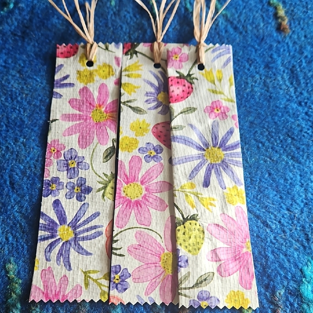 Handmade Floral Patterned Bookmarks On Recycled Paper. Qty 3